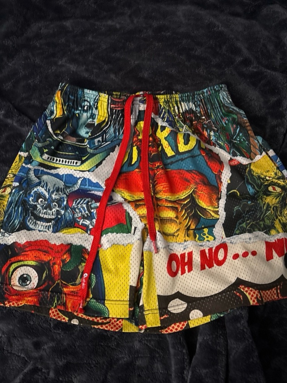 ethika Men's Athletic Shorts — Multicolor Comic Print with Red Drawstring